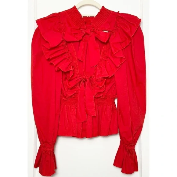 SEA NY Ruffled High Neck Puffed Long Sleeve Tied Open Back Cotton Peplum Top 8 - Picture 9 of 12